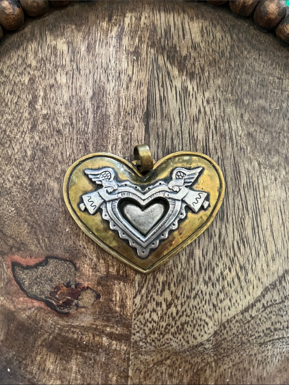 Jeep Collins 925 Sterling and Brass Heart Shaped Pendant with Guardian Angels